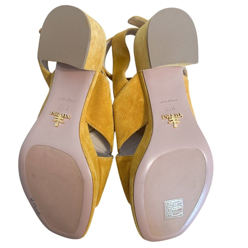 Prada Suede Crisscross Platform Yellow Block Heel Sandals 36.5 - Picture 9 of 10